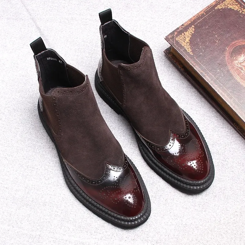 Men Winter Boots Genuine Cow Leather Chelsea Boots Brogue Casual Ankle Flat Shoes Comfortable Quality Soft 2021 Burgundy Black