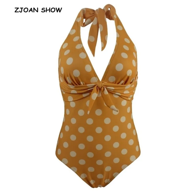Sexy Bow Bandage Halter V Collar Tide Polka Dot Print One piece Swimwear Women Retro Backless Slim fit Swimsuit Yellow 210429