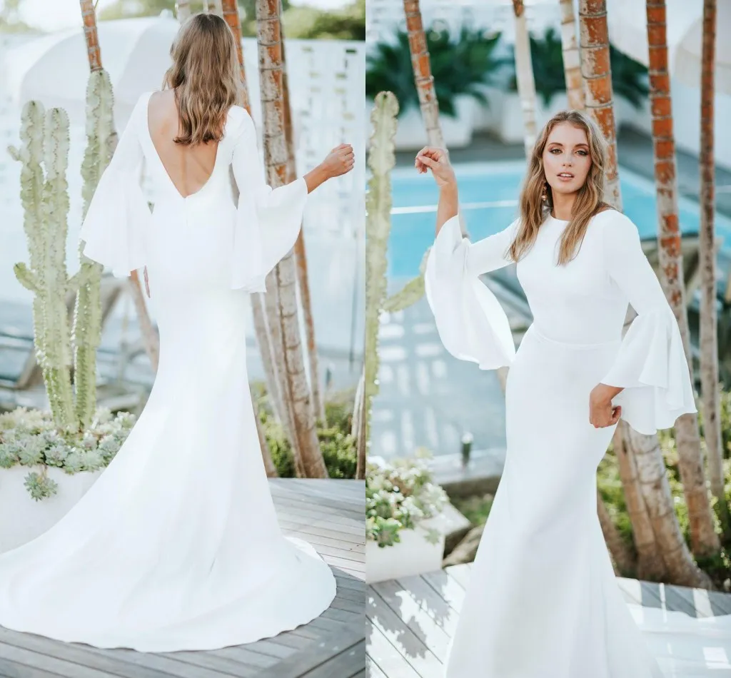 Simple Crepe Mermaid Modest Trouwjurken met Flare Mouwen Boothals V Back Elegante informele bescheiden land Bruidsjurken