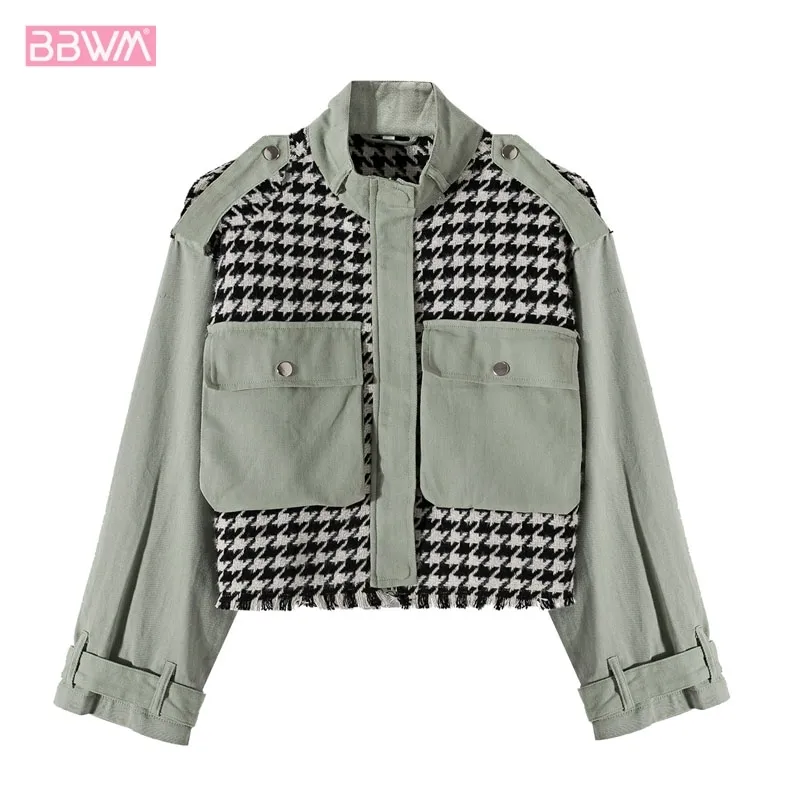 Houndstooth Stitching Small Incense Wind Round Neck Pocket Female Coat Korean Harajuku Army Green Fashion Chic Women's Jacket 210507