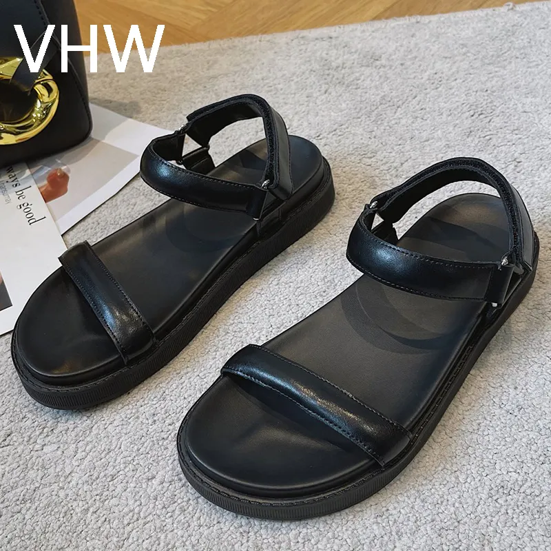Women Sandals Summer Party Beach Fashion Black Leather Narrow Band Platform Sport Outdoor Shoes Rome Casual Flats for Women Big Size 40