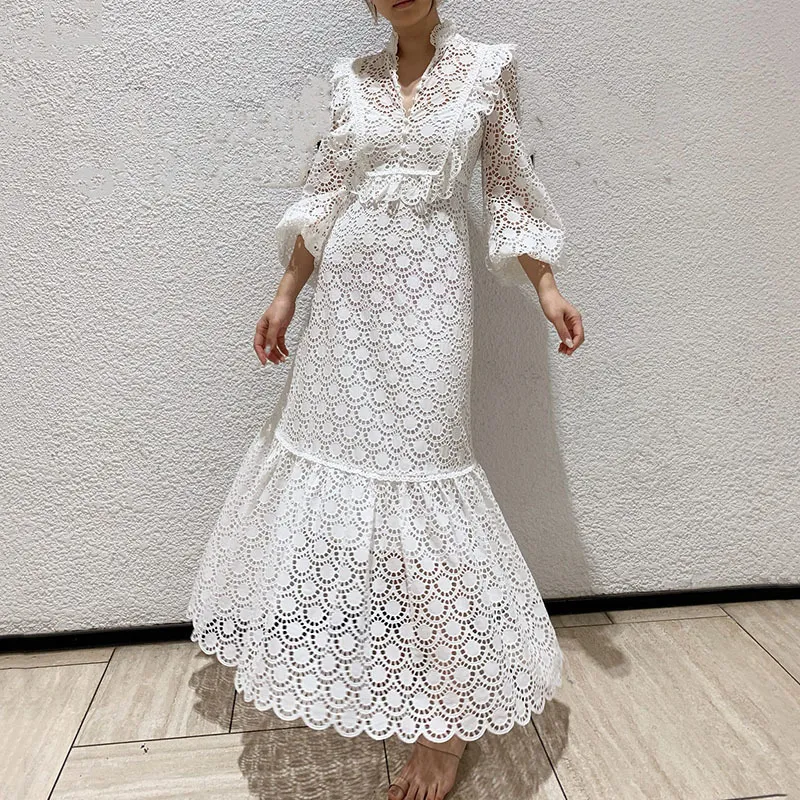 Women White Embroidery Patchwork Lace Hollow Dress Stand Long Sleeve Loose Fit Fashion Tide Summer 7D00445 210421