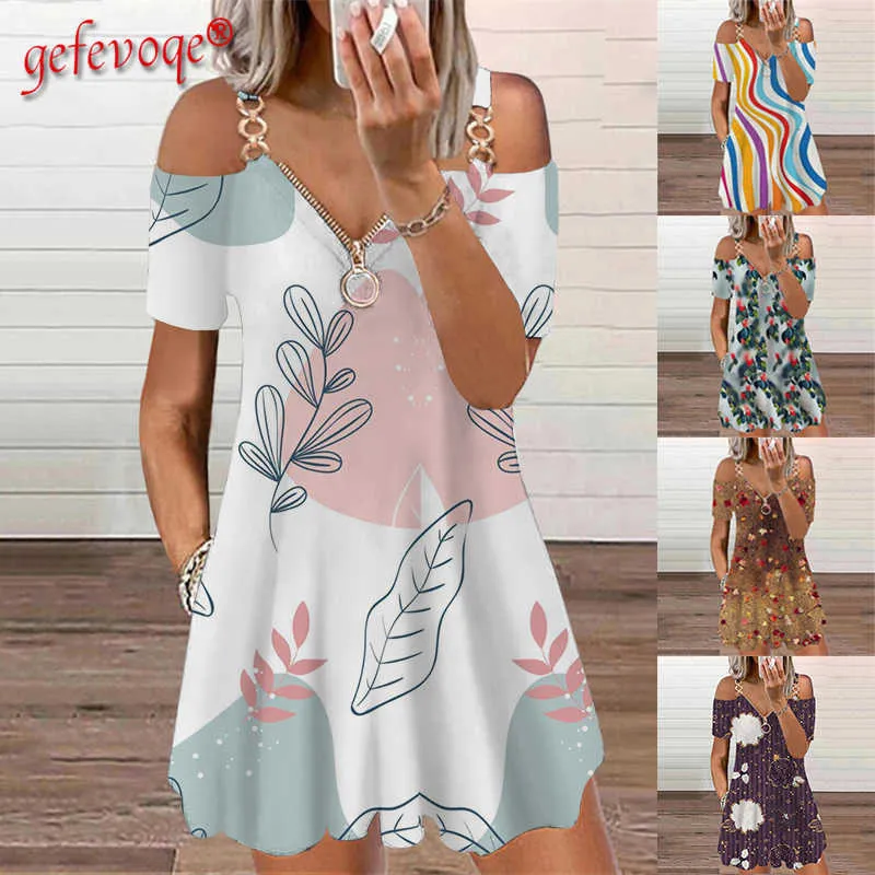 Femme Midi Slip Robe Fermeture Éclair Col En V Plage Bohème Lâche Hors de L'épaule Imprimé Floral Sexy Vintage Robes Femme Vêtements Y1006