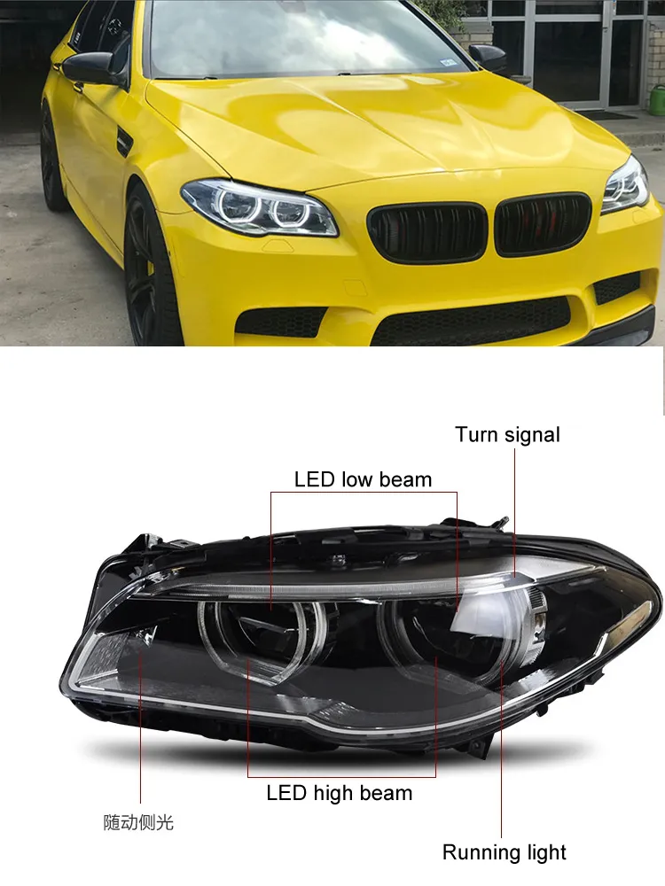 مجموعة المصابيح الأمامية LED لقطع غيار السيارات لسيارات BMW F10 F18520i 525i 530i 535i DRL مصباح إشارة الانعطاف عدسة عالية الشعاع 2010-16