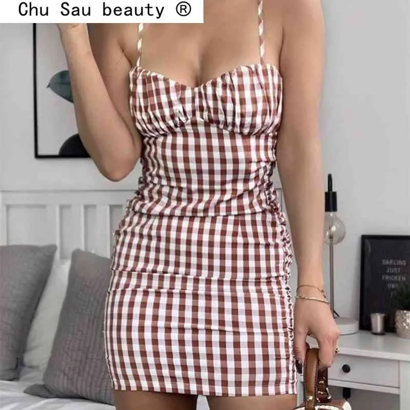 Fashion Summer Sweet Chic Pink Plaid Mini Sling Dress Donna Sexy Party Evening Senza maniche Abiti senza schienale Abiti femminili 210508