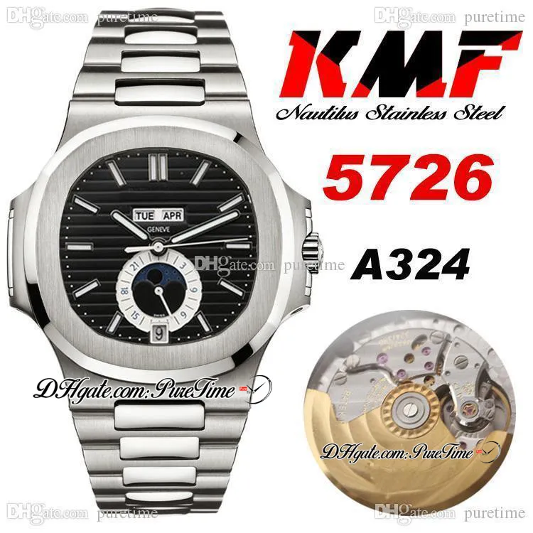 KMF 5726 / 1A-014 årlig kalender cal.324sc A324 Automatic Mens Watch Moon Phase Svart Texturerad Ring Rostfritt Stål Armband Super Edition Puretime A1