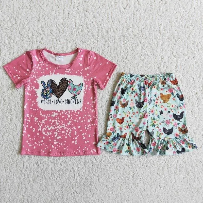 Clothing Sets Wholesale Children Summer Baby Girl Pink Tie-dye Peace Love Chickens Shirt Ruffle Flower Shorts Kids Boutique Outfit