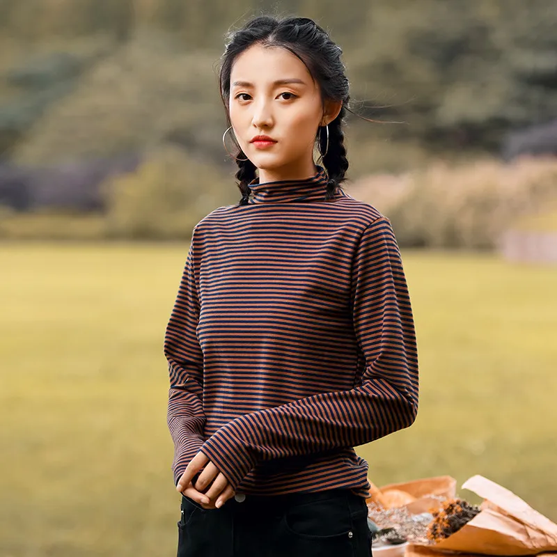 Johnature Women Casual Striped Slim T-Shirts Cotton Soft Turtleneck Long Sleeve Autumn Female T-Shirts 210521