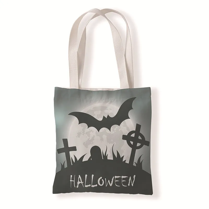 Halloween Casual Print Reusable Eco Friendly Shopping Bags Bat Pumpkin Ghost Canvas Gift Fashion Handbags Grocery Shoulder Loose Change Storage Tote Bag TR0086