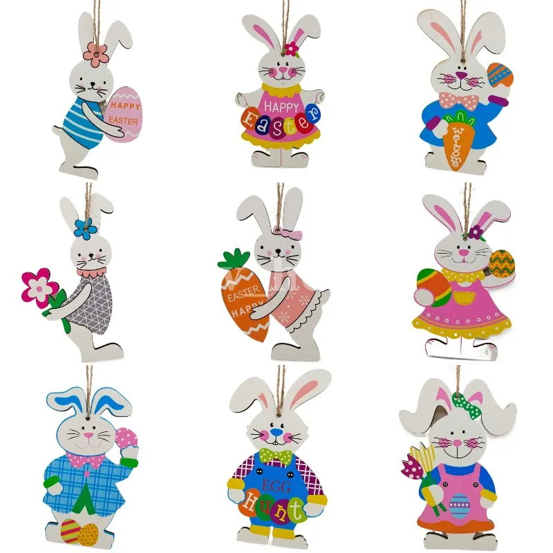 15cm Houten opknoping Ornamenten Bunny Rabbit Themed Tags voor Pasen Party Home Wall Tree Hanging Decor