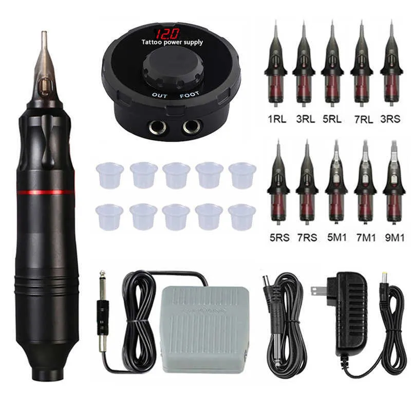 Professionell Tattoo Machine Kit Strömkrets med patroner Nålar för permanent makeup Microblading Supply 210622