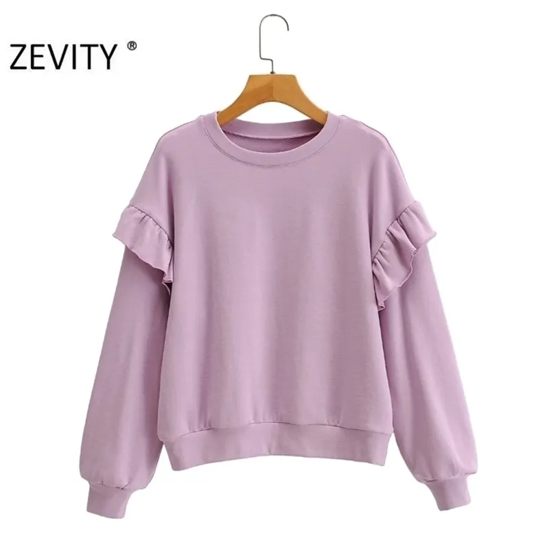 Kobiety Moda Ruffles Z Długim Rękawem Casual Luźne Bluzy Femme Podstawowe O Neck Rozrywka Bluzy Chic Pullover Topy S403 210420