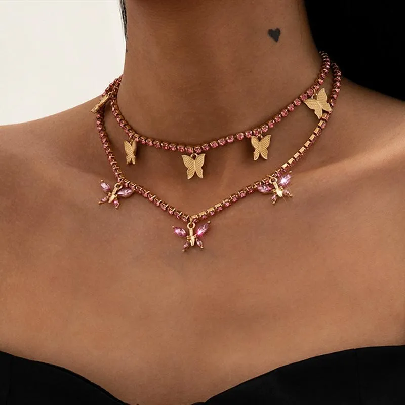 Pendant Necklaces Fashion Gold Color Crystal Butterfly Necklace For Women Female Shiny Rhinestone Clavicle Chain Jewelry Gift