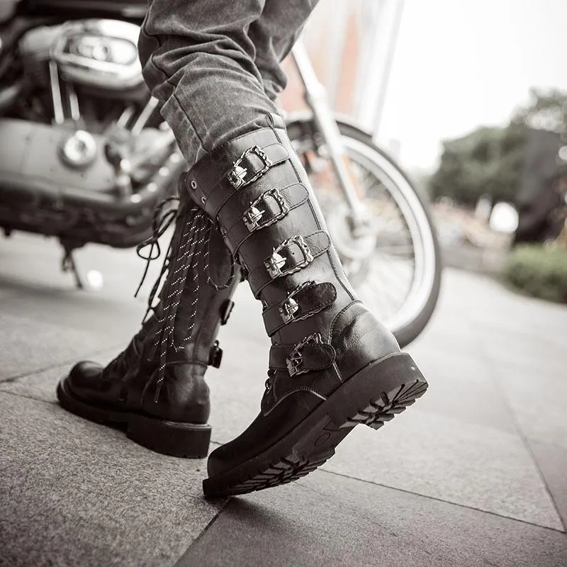 Combat-boots Mens Lace Up Westerm Boots Buckles Motorcycle Boot Streetwear Zapatos De Hombre 5 f9Ny#