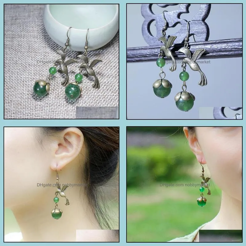 vintage ethnic jewelry fly birds dangle earrings fashion chalcedony beads vintage earrings green new stones ethnic earrings