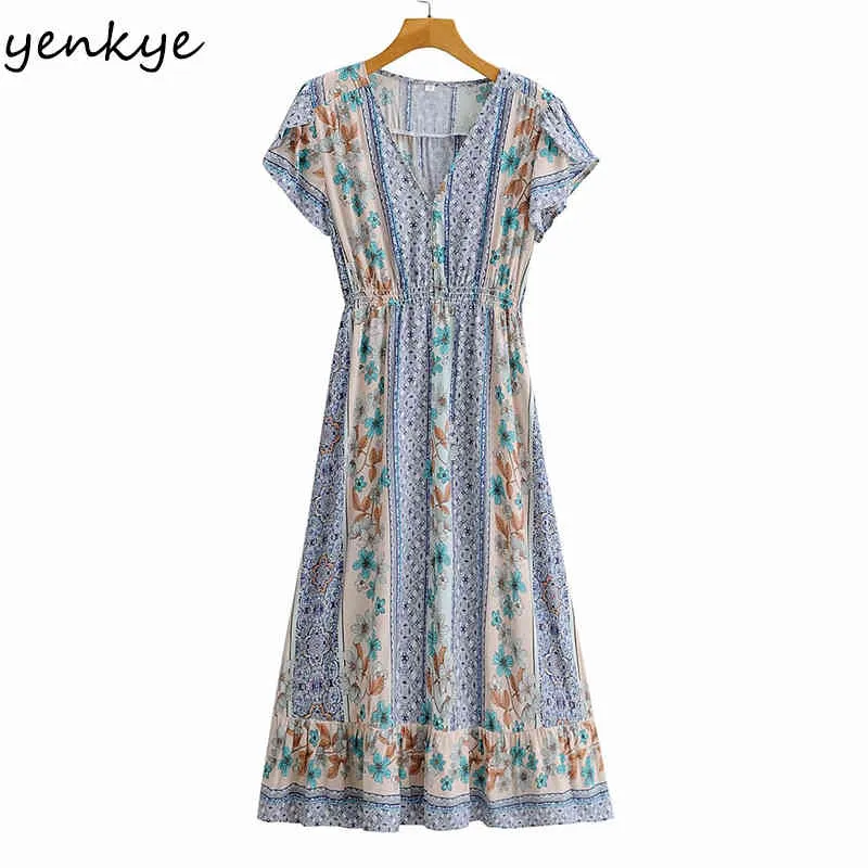 Wakacje Summer Sukienka Kobiety Floral Print V Neck Krótki Rękaw Vestido Mujer A-Line Midi Casual Boho Plus Size 210430