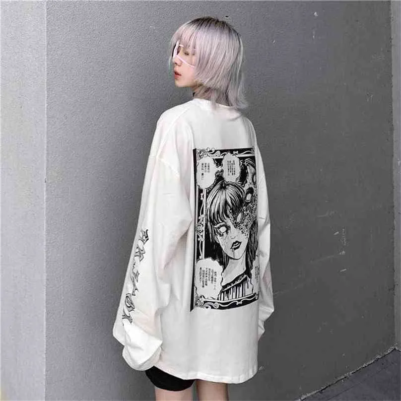 Nicemix漫画ホラーグラフィックTシャツ女性キャラクタープリントルーズパンクジャパニーTシャツプルオーバートップハラジュックストリートティー210720