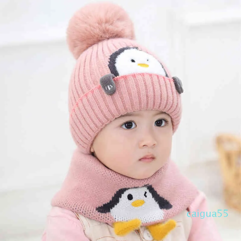 Cartoon Animal Kint Pom Scarf Child Cotton Inner Beani Hat And Ring Scarv Kids Girl Boy 2020 Winter Warm Cap 1-3T