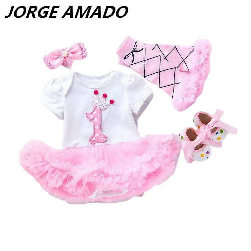 Baby flicka klänningar rosa fluffig tulle klänning för första födelsedagsklänning + skor + huvudband + strumpor 4pcs kostym barn kläder 0-2t yk006 210610