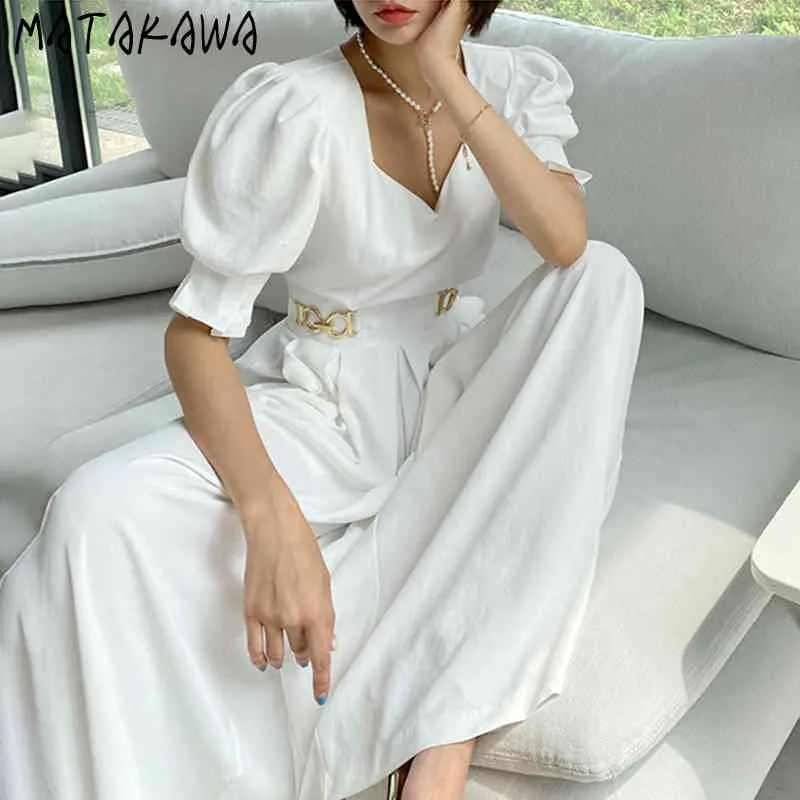 Square-neck Jumpsuit Pleated Wide Leg Pants Metal Buckle Decoration Jump Suits for Women Waist Slimming Puff Sleeve Jumpsuit 210513