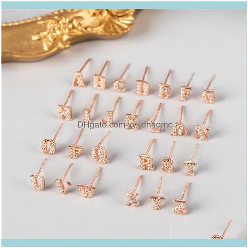 Stud 1pc S925 Sterling Silver Rose Gold 26 English Letters Earrings Female Small Alphabet Zircon Studs Cute Mini