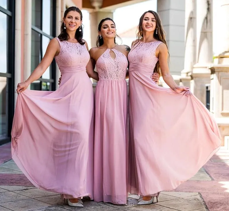 Casual jurken stoffige roze matching voor bruidsmeisjes, bruidsmeisje maxi jurk, bruiloft jurken, haak lange jurk