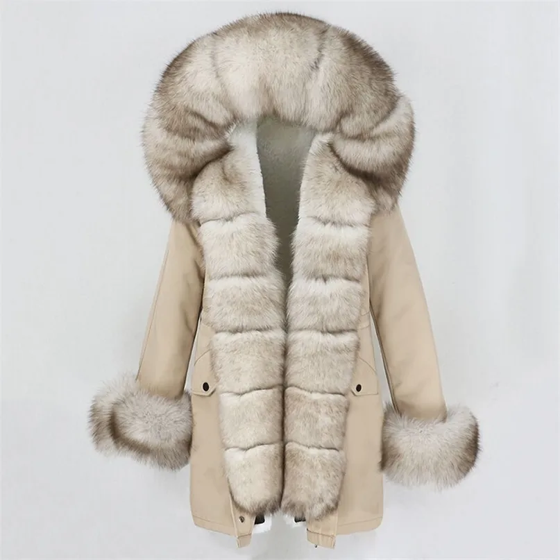 OFTBUY Mode Winter Jacke Frauen Echt Pelzmantel Natürliche Echtpelz Kragen Lose Lange Parkas Große Pelz Oberbekleidung Abnehmbare 211018