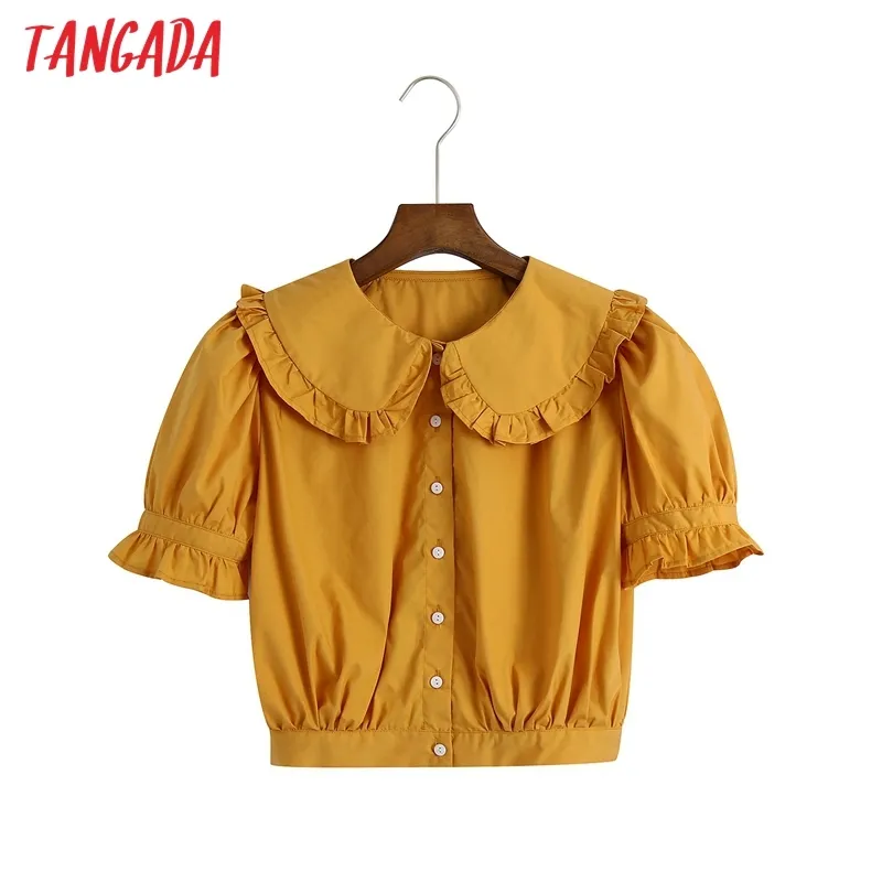 Women Retro Per Pan Collar Crop Short Sleeve Summer Chic Female Shirt Tops 6Z33 210416