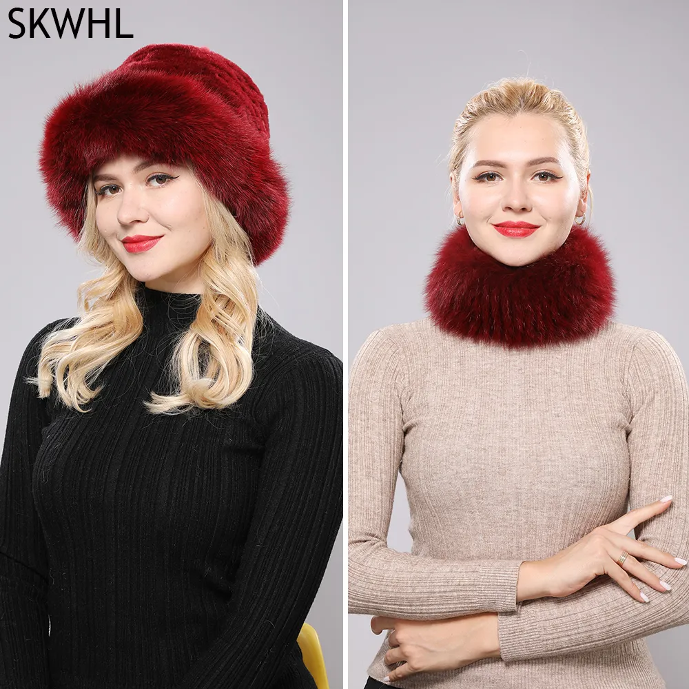 Kvinnor Vinter Real Rex Kanin Fur Hat Scarf 2 stycken Stickad Top Natural Fox Fur Cap Scarves Sets