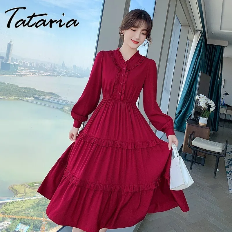 Wiosna Elegancka Wysoka Talia Midi Sukienka Dla Kobiet Chic Sundress Red V-Neck Z Długim Rękawem Ruffles Dresses Party Panie Vestidos 210514