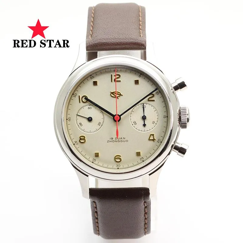 Armbanduhren 38mm Möwen-Bewegung Männer 1963 Uhr Sapphire Uhr Echtes Leder ST1901 Herren Chronographen Mechanische Uhren Red Star Marke