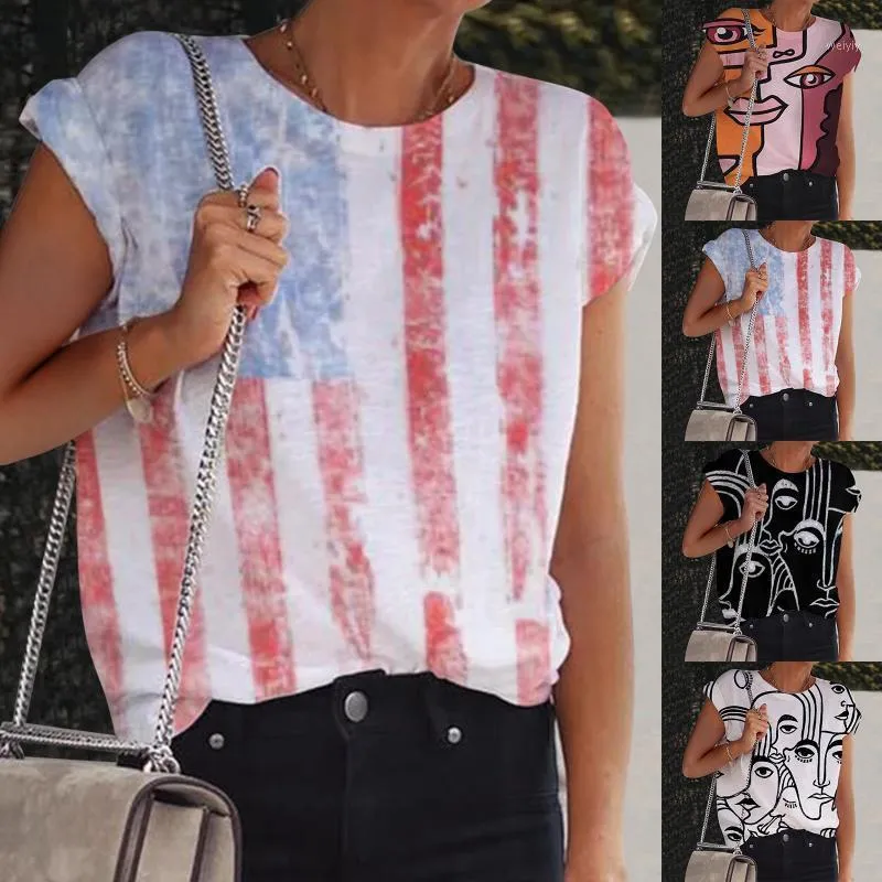 Kvinnors T-shirt Kvinnor Amerikanskt T-shirt Plus Storlek Striped Graphic Printed USA Flagga Skriv ut Top Short Sleeve Tshirt Kvinna # T1Q