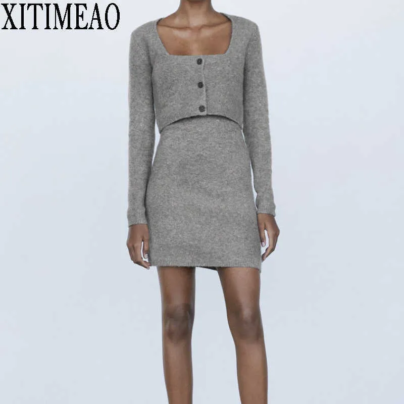 ZA Elegant Long Sleeve Sweater Women Single-Breasted Short Cardigan Soft Flexible Knitted Outwear+Knitted Suspender Dress 210602