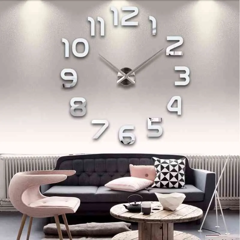 Nouveau miroir acrylique bricolage horloge murale montre 3D autocollants muraux grandes horloges à quartz décoratives design moderne 210401