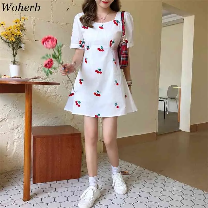 Mini Sukienka Kobiety Lato Biały Cherry Drukuj Vestidos Square Neck Slim Waist Robe Sweet Plus Rozmiar Eleganckie sukienki 210519