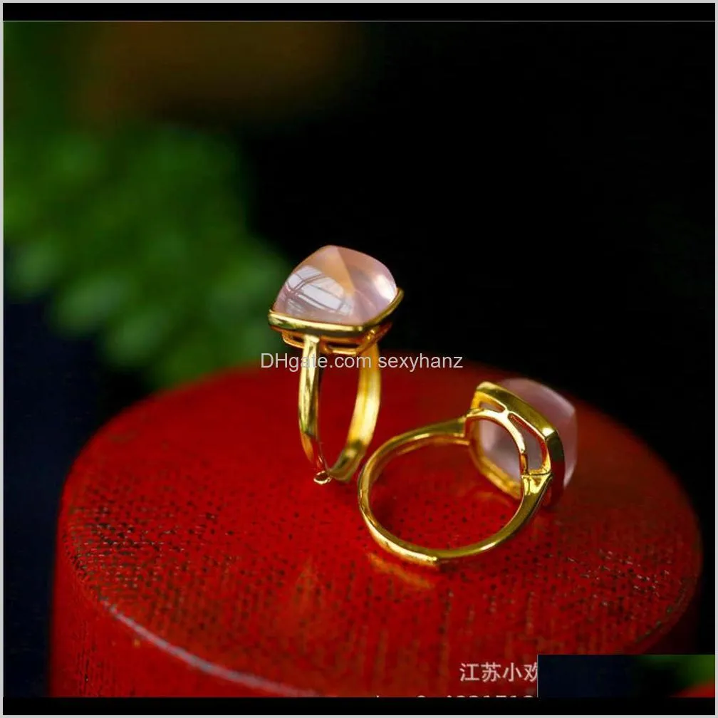 korean pink crystal square amethyst hibiscus stone ring, 18k rose gold plated for women, simple and versatile