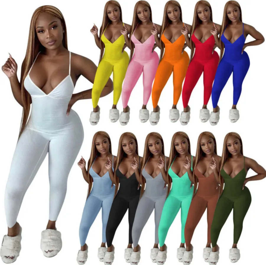 Women Jumpsuits Designer Rompers Slim Sexy Rib Suspender Open Back Solid Color One Piece Pants Suspender Trousers