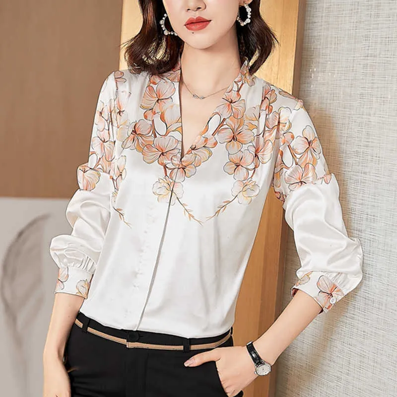 Elegant Korean Silk Chiffon Blouse Long Sleeve With Floral Design