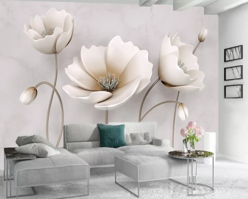 맞춤형 3D 꽃 벽지 북유럽 우아한 꽃 대리석 질감 홈 장식 거실 침실 벽화 벽화 벽지를 덮고 있습니다.