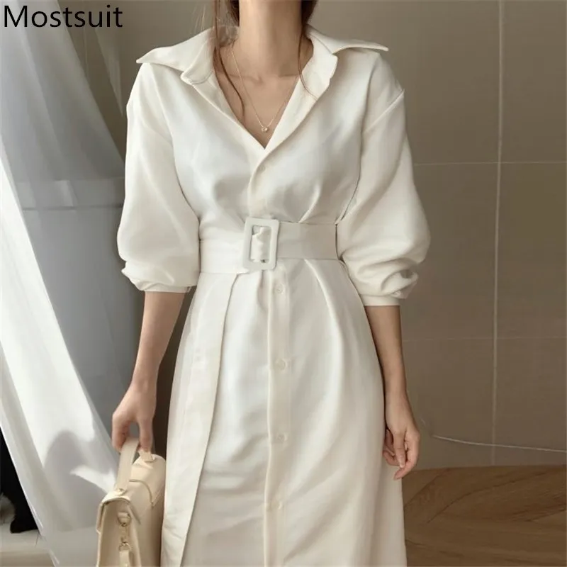 Automne coréen simple boutonnage longue chemise robe femmes manches longues col rabattu robes ceinturées mode élégant Vestidos 210518