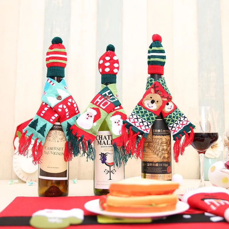 Christmas Mini Hat Scarf Set Wine Bottle Decoration Santa Claus Cap Xmas Cartoon Elk Knitted Tassel Scarves Beer Bottles Decor BH4937 WLY