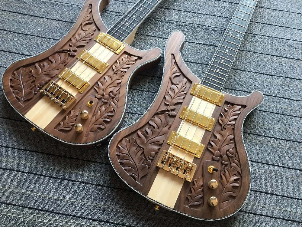 Backer 4001 4003 4004 Lemmy Kilmister Brown Walnut Electric Bass Guitar Handwork Engraved Top, Neck Thru Body, Checkerboard Binding, Star Inlay, Gold Hardware