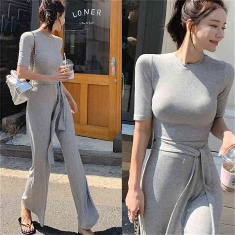 Female grey Fitness women Two Pieces Sets Summer Cotton t shirt set Wide legged Pants casual Tops High Waist trousers Suits 210423