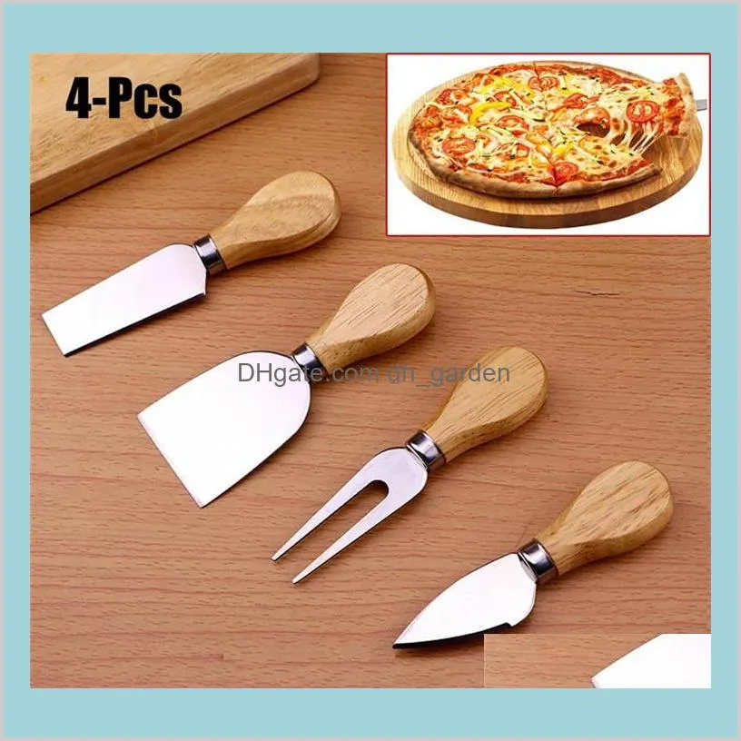 Kitchen Dining Bar Home Garden Useful Tools Set 4Pcsset Oak Handle Knife Fork Shovel Kit Graters For Cutting Baking Cheese Board Sets