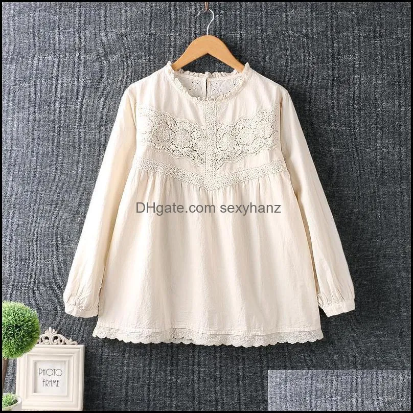 Women`s Blouses & Shirts 2021 Autumn Art Small  Lace Embroidery Pullover Shirt Long Sleeve Loose Cotton Linen Top Woman