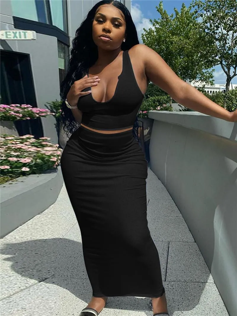 Plus size S-2XL Women solid color Two piece dresses low collar maxi skirt suits strap sleeveless tank top+Floor-Length skirts summer clothes 4804