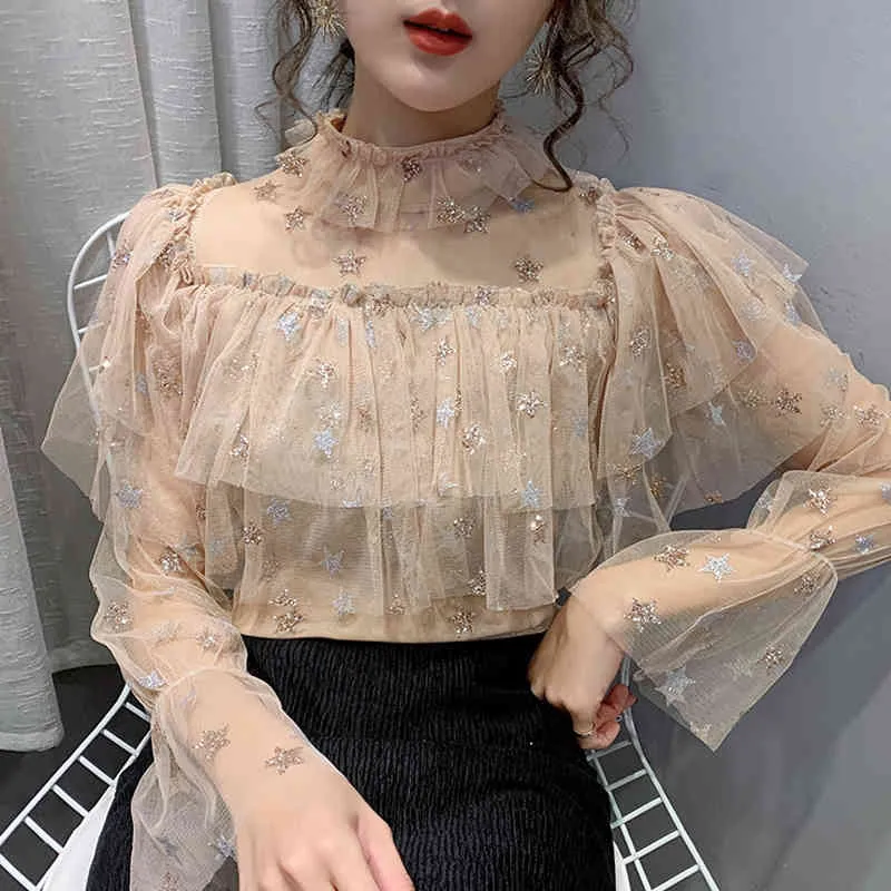 Blus Kvinnor Långärmad Turtleneck Print Hollow Mesh Lace Blouse Shirt Toppar Kvinnor Blusas Mujer de MODA Kvinnor Kläder D957 210426