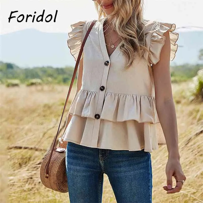 Cotton and Linen Fabrics Vintage Ruffle Sleeveless Summer Blouse Shirt Women Khaki Bouse Top V Neck Casual Ladies Tops 210427