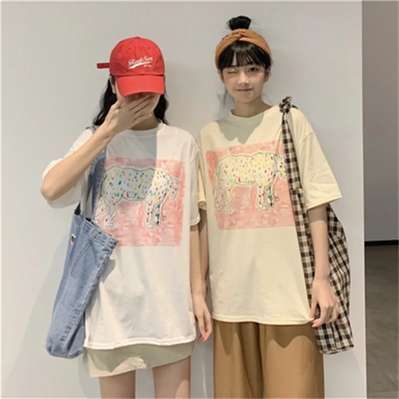 Sommar Alla Match Cartoon Animal Printed Casual Loose Basic Short Sleeve Bomull College Wind Summer Women Top T-shirts 210522