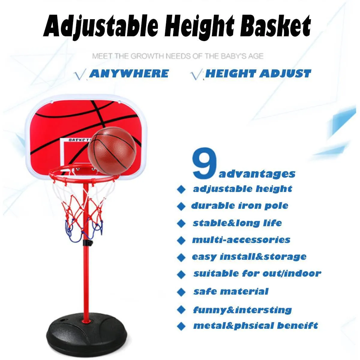 Support de basket-ball réglable pour enfants avec ballon de basket 150cm